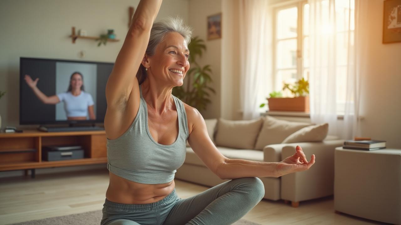 Woman in midlife strength training at home